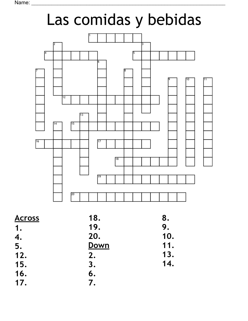 Las comidas y bebidas Crossword