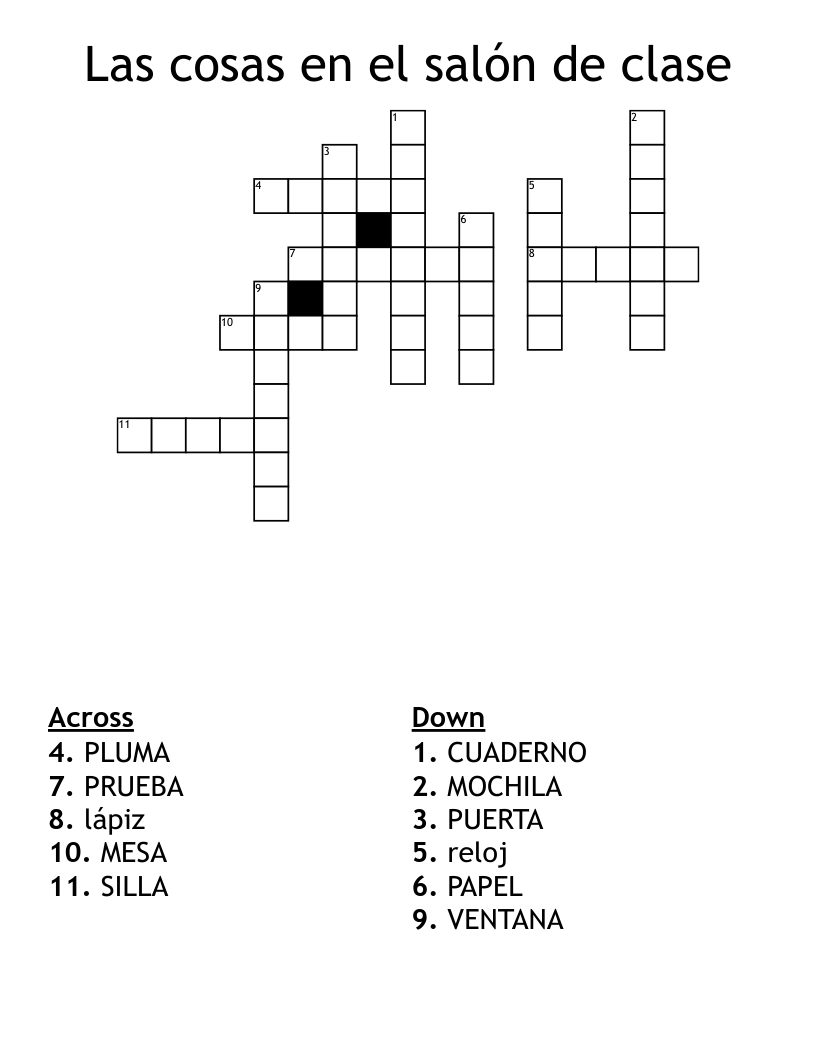 Las cosas en el salón de clase Crossword