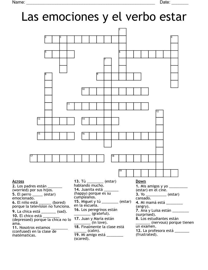 Las emociones y el verbo estar Crossword