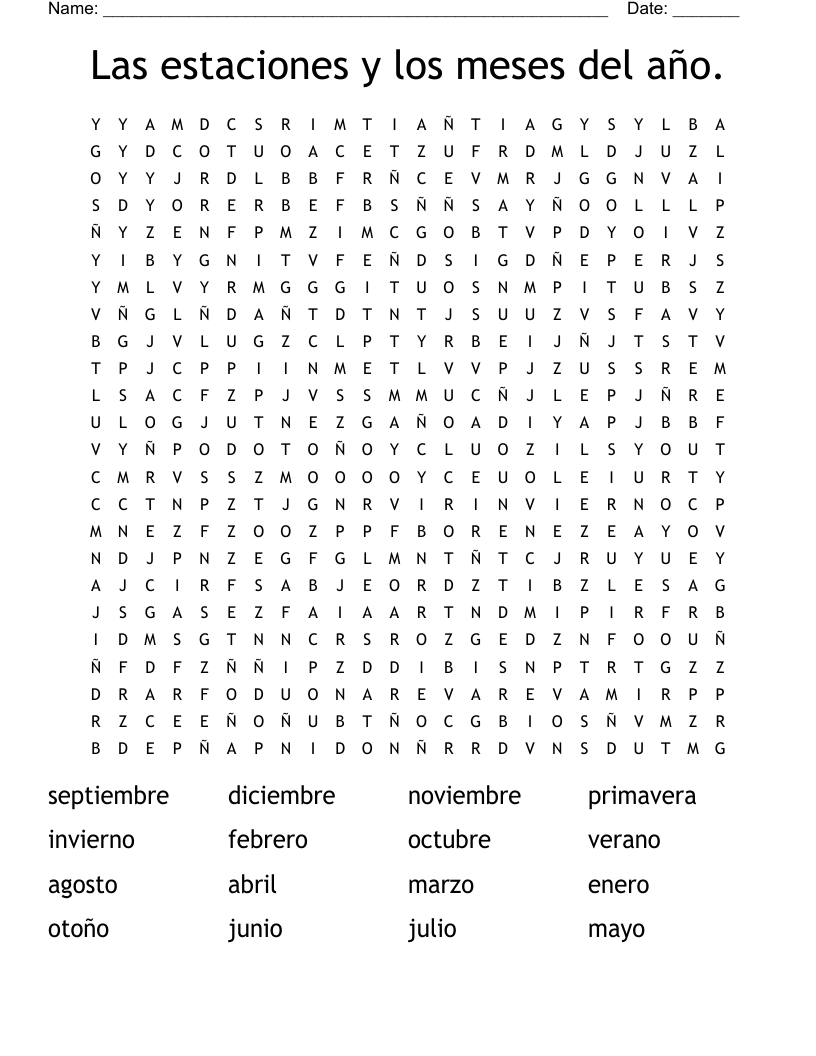 Las estaciones y los meses del año.  Word Search