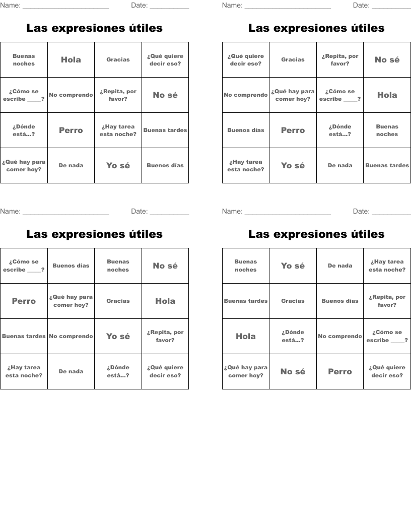 Las expresiones útiles Bingo Cards