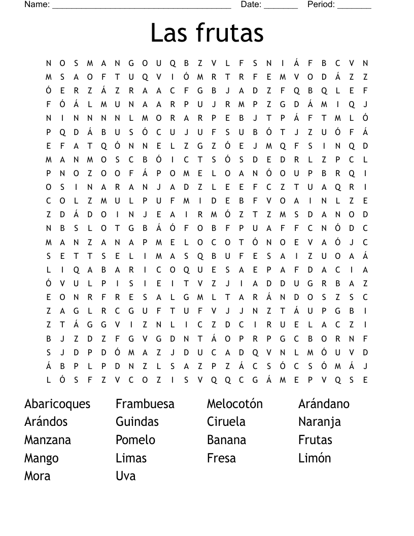 Las frutas Word Search