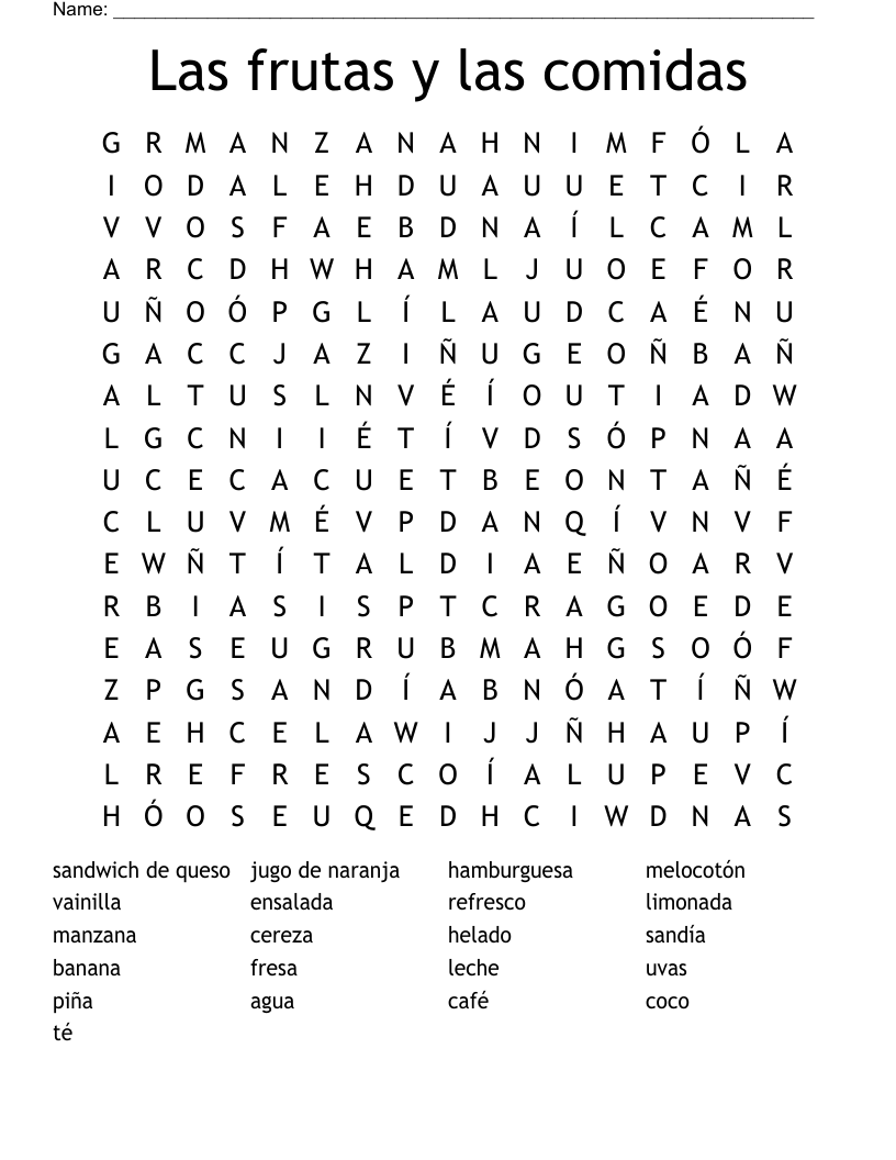 Las frutas y las comidas Word Search