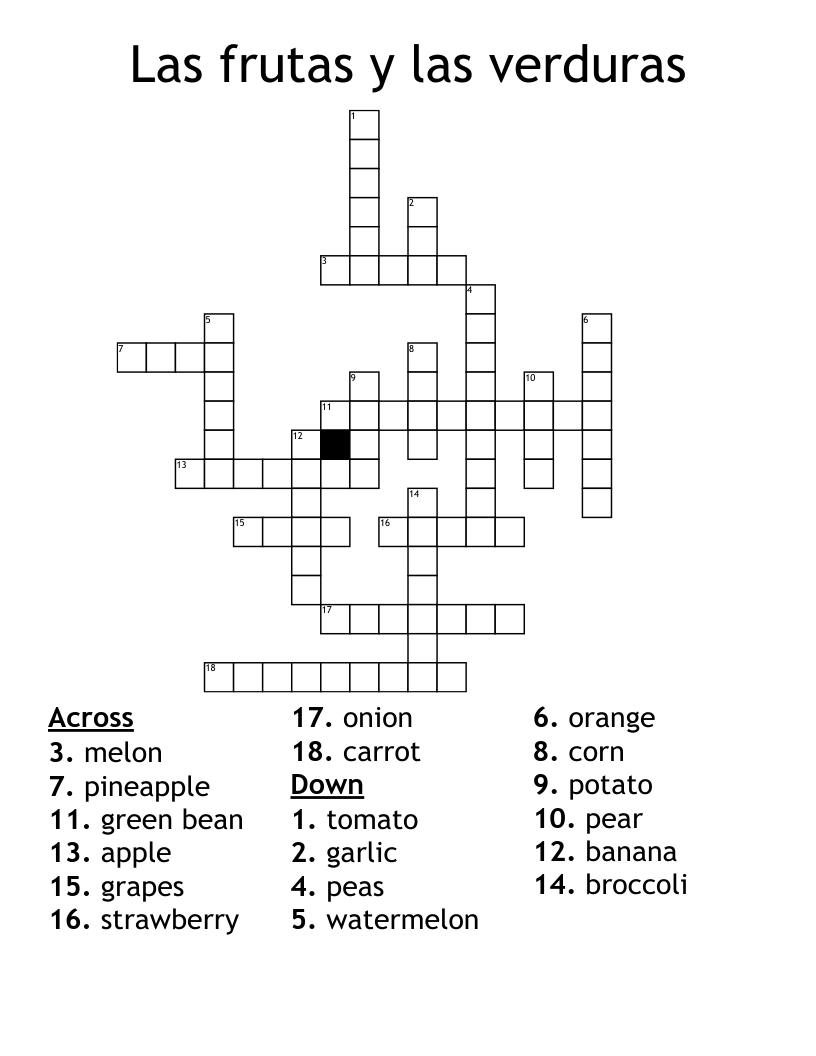 Las frutas y las verduras Crossword