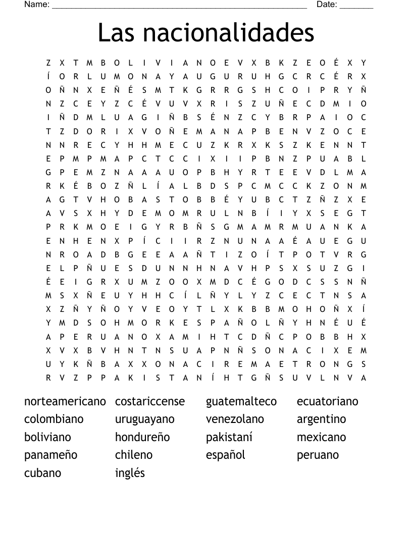 Las nacionalidades Word Search
