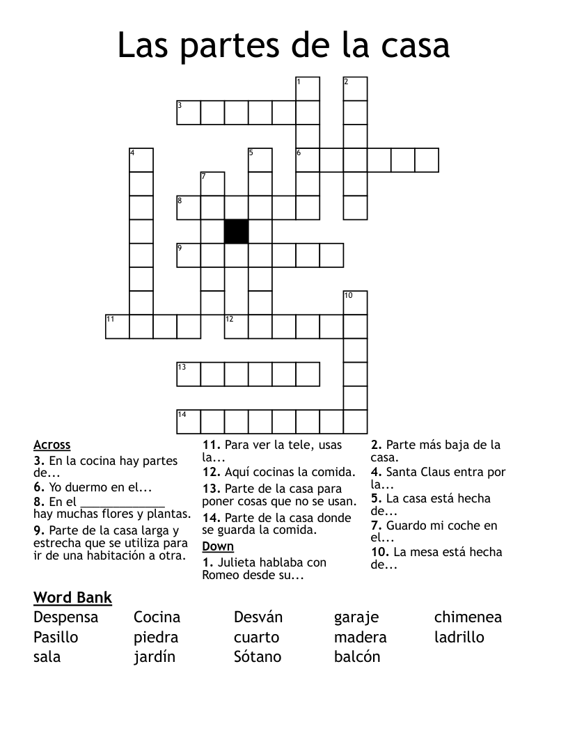 Las partes de la casa Crossword