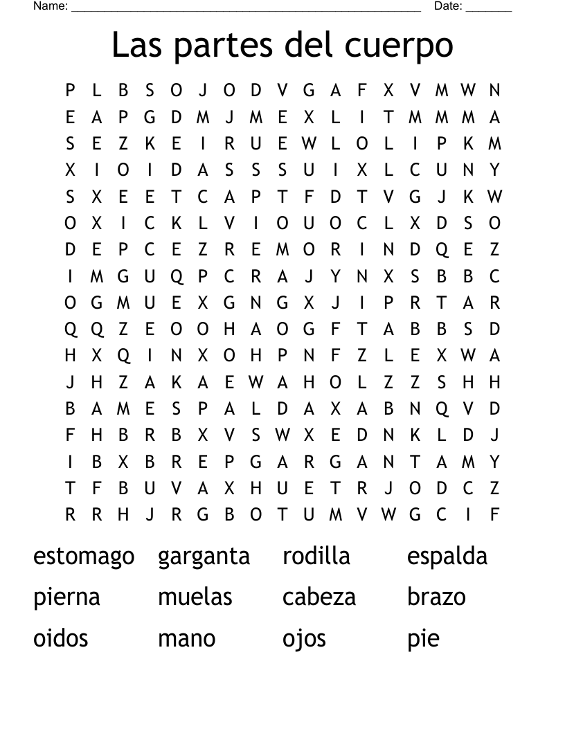 Las partes del cuerpo Word Search