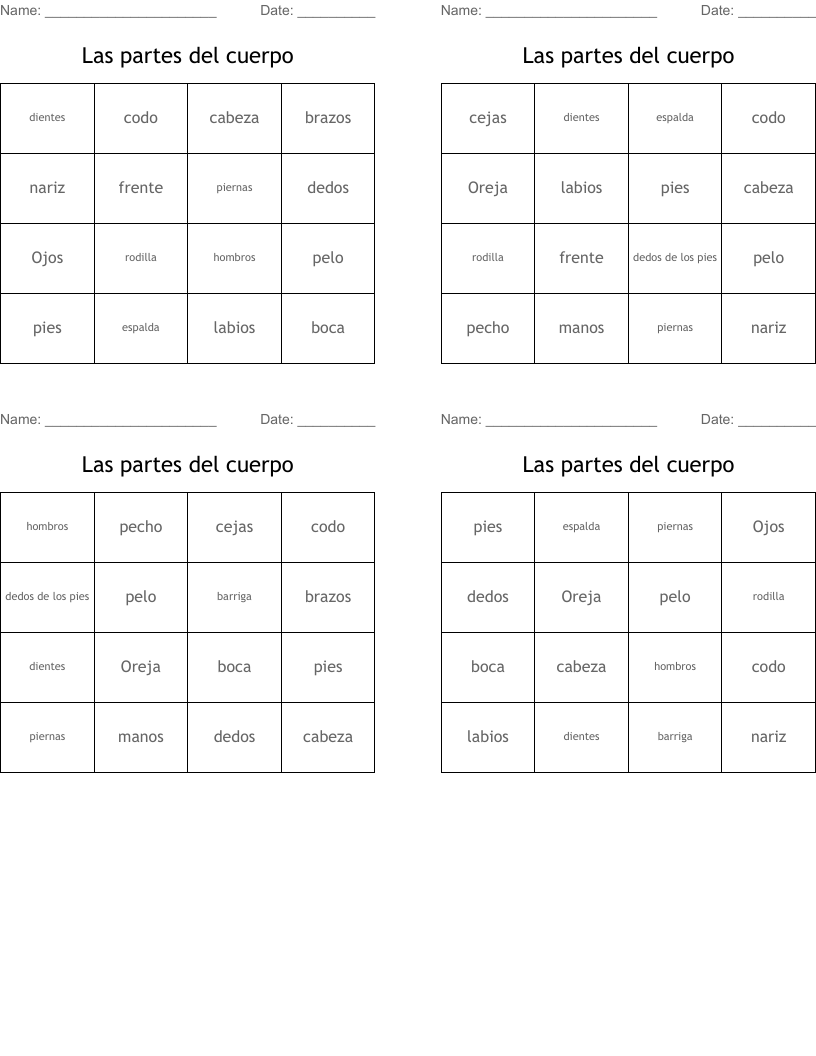 Las partes del cuerpo Bingo Cards