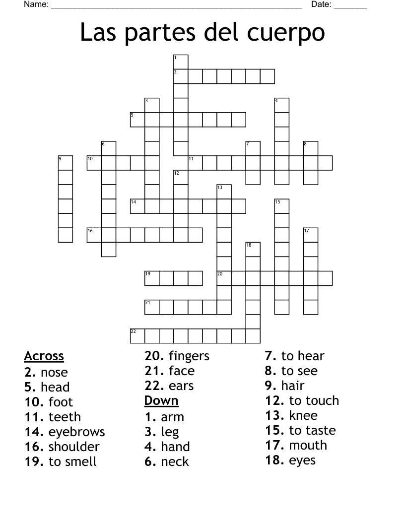 Las partes del cuerpo Crossword