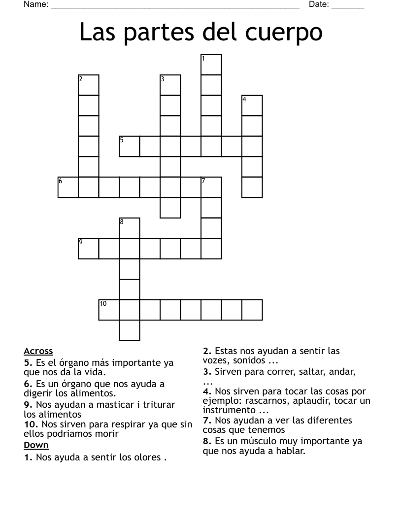 Las partes del cuerpo Crossword