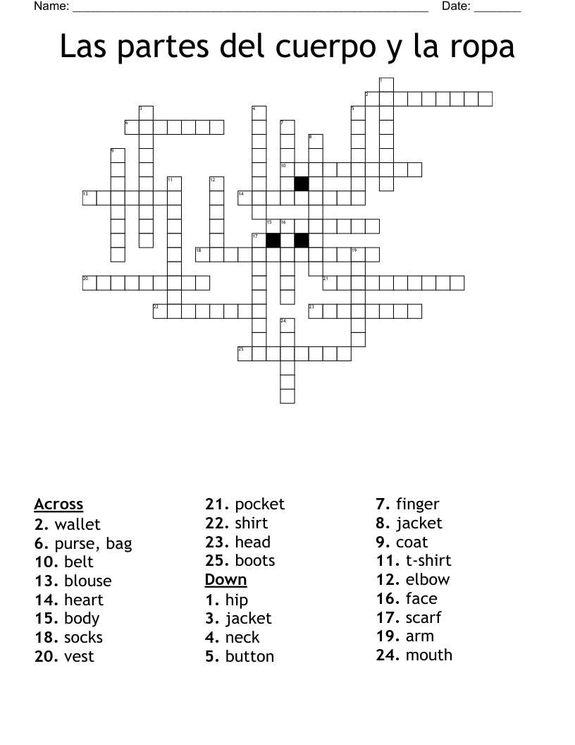 Las partes del cuerpo y la ropa Crossword