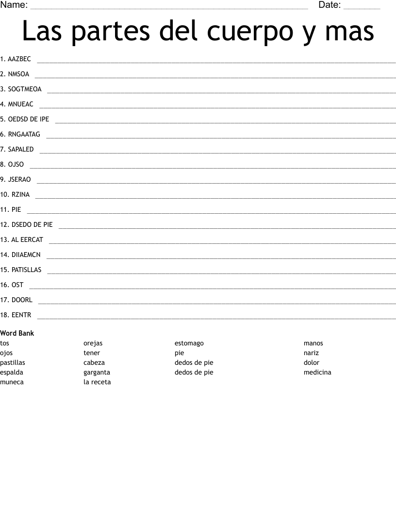 Las partes del cuerpo y mas Word Scramble