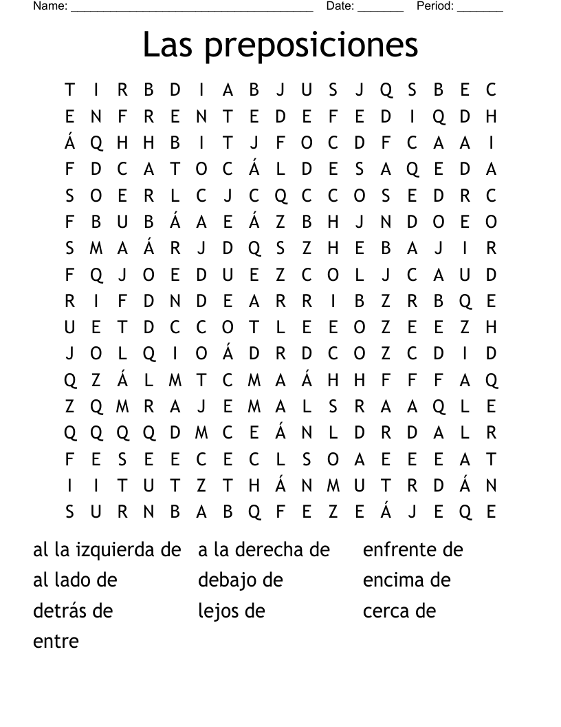 Las preposiciones Word Search