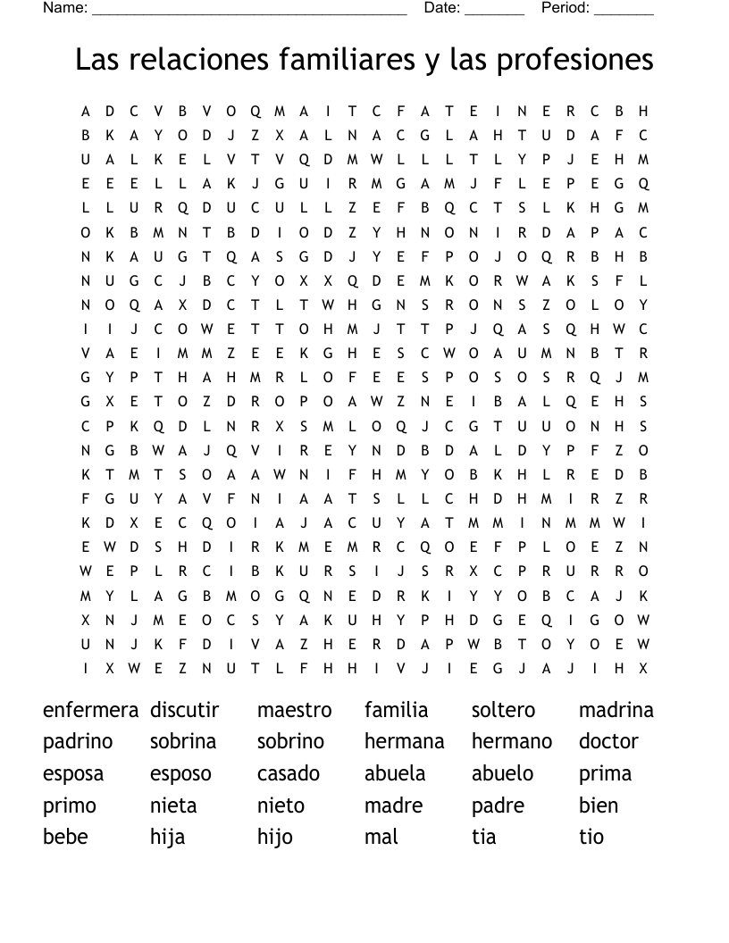 Las relaciones familiares y las profesiones Word Search