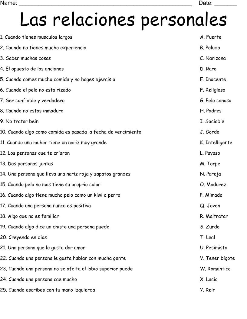 Las relaciones personales  Worksheet