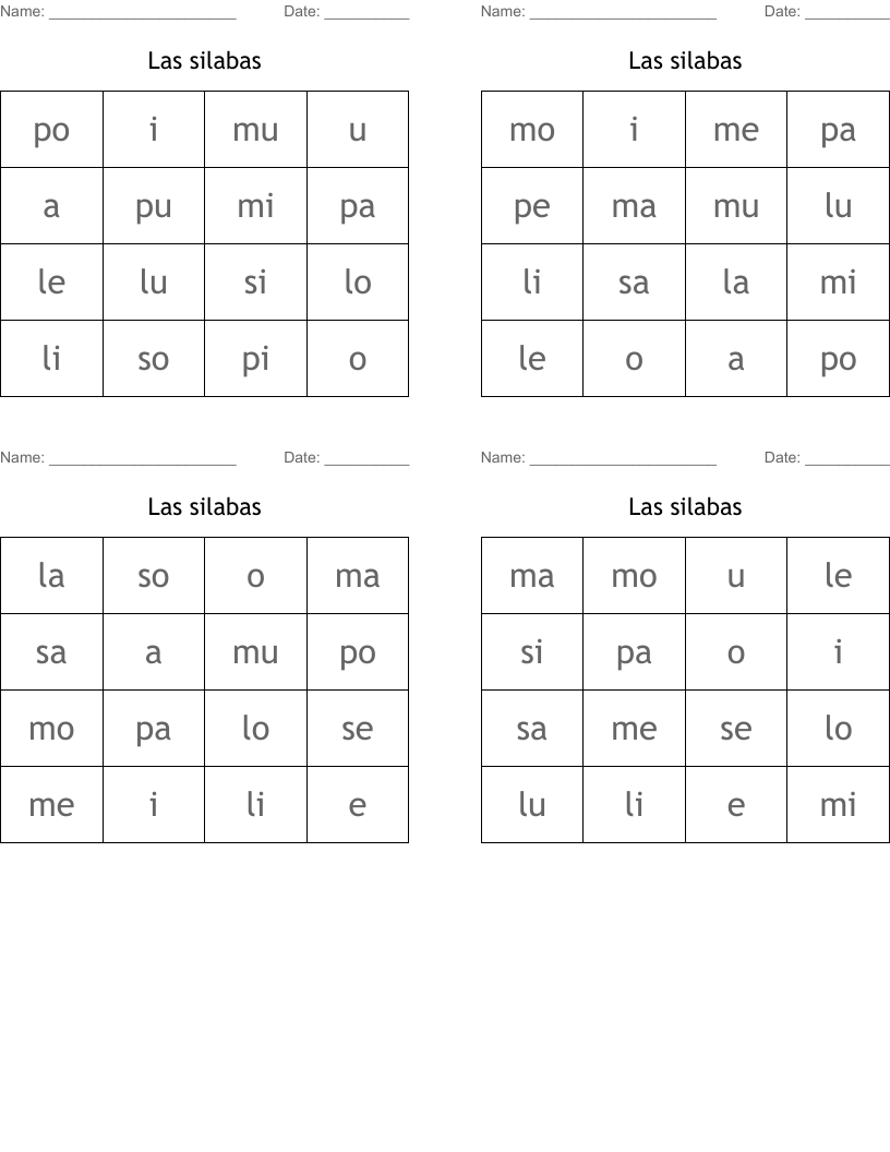 Las silabas Bingo Cards