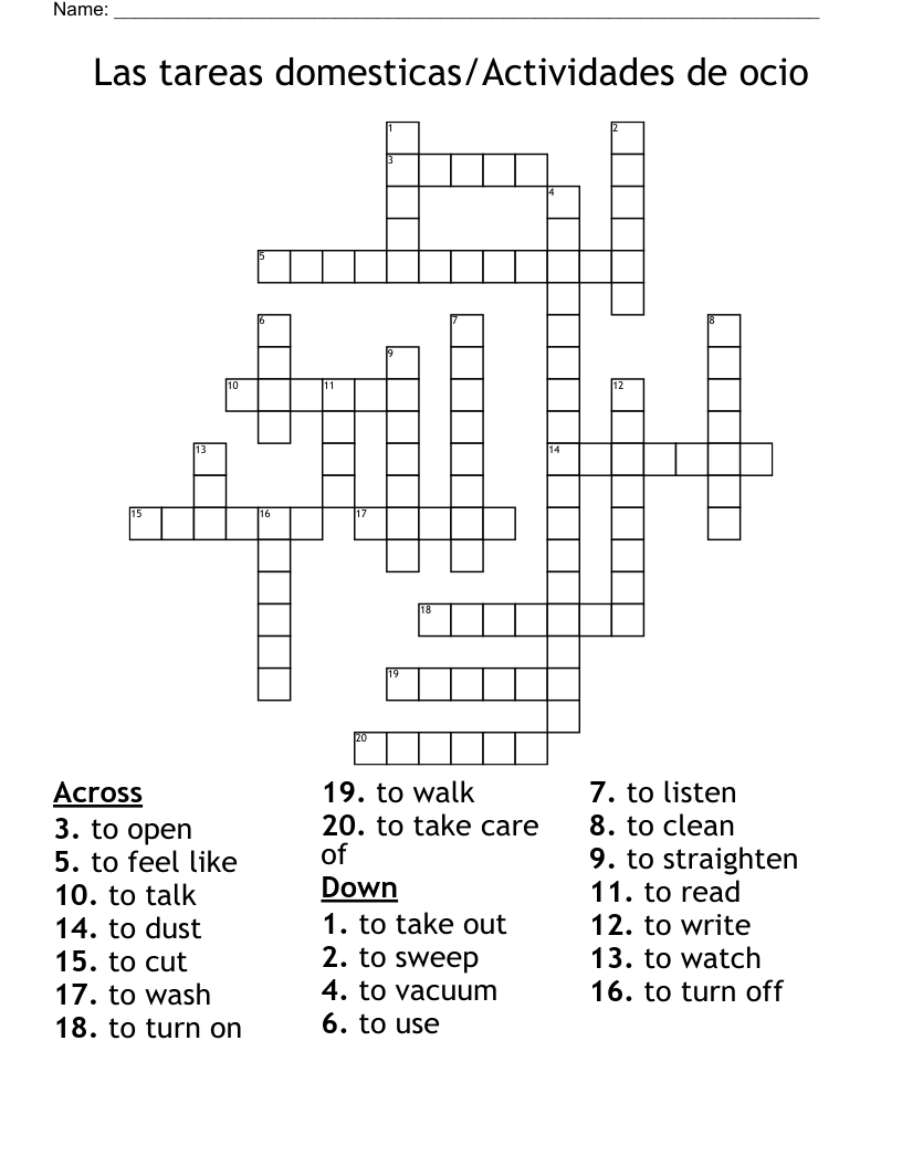 Las tareas domesticas/Actividades de ocio Crossword