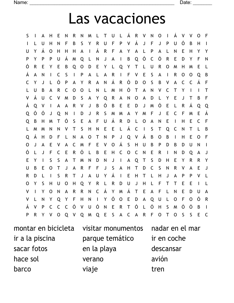 Las vacaciones Word Search