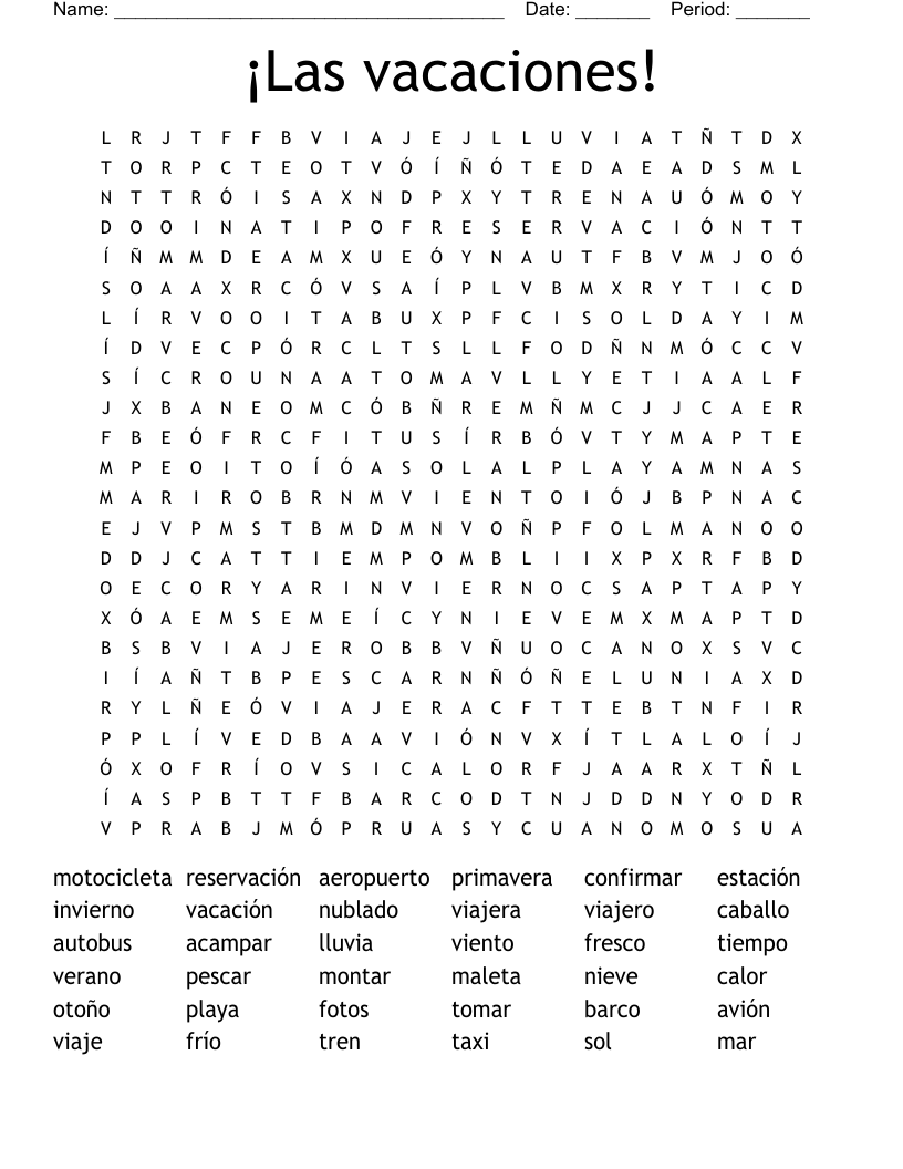 ¡Las vacaciones! Word Search