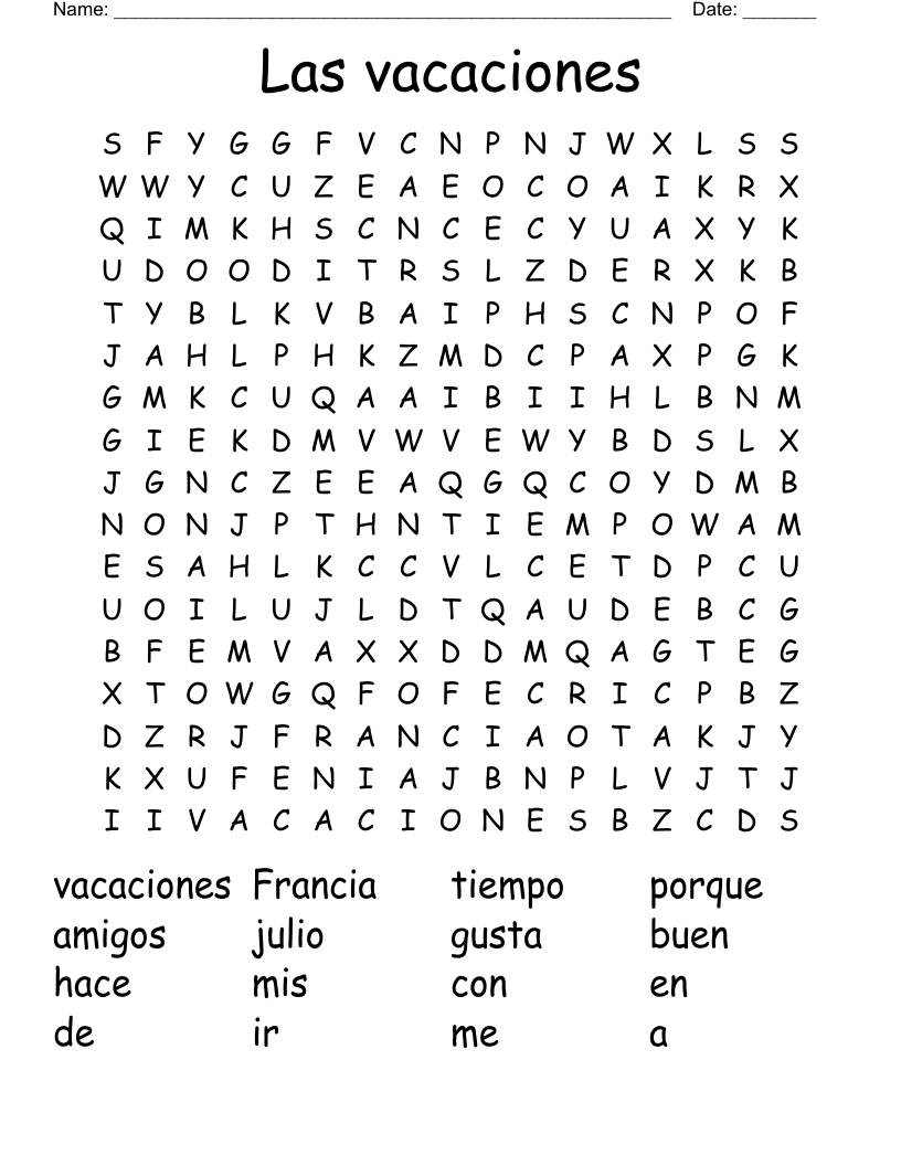 Las vacaciones Word Search