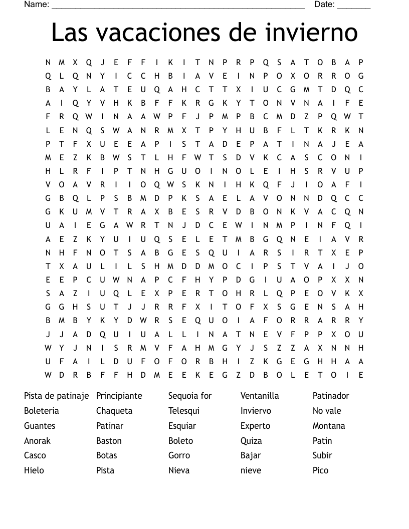 Las vacaciones de invierno Word Search