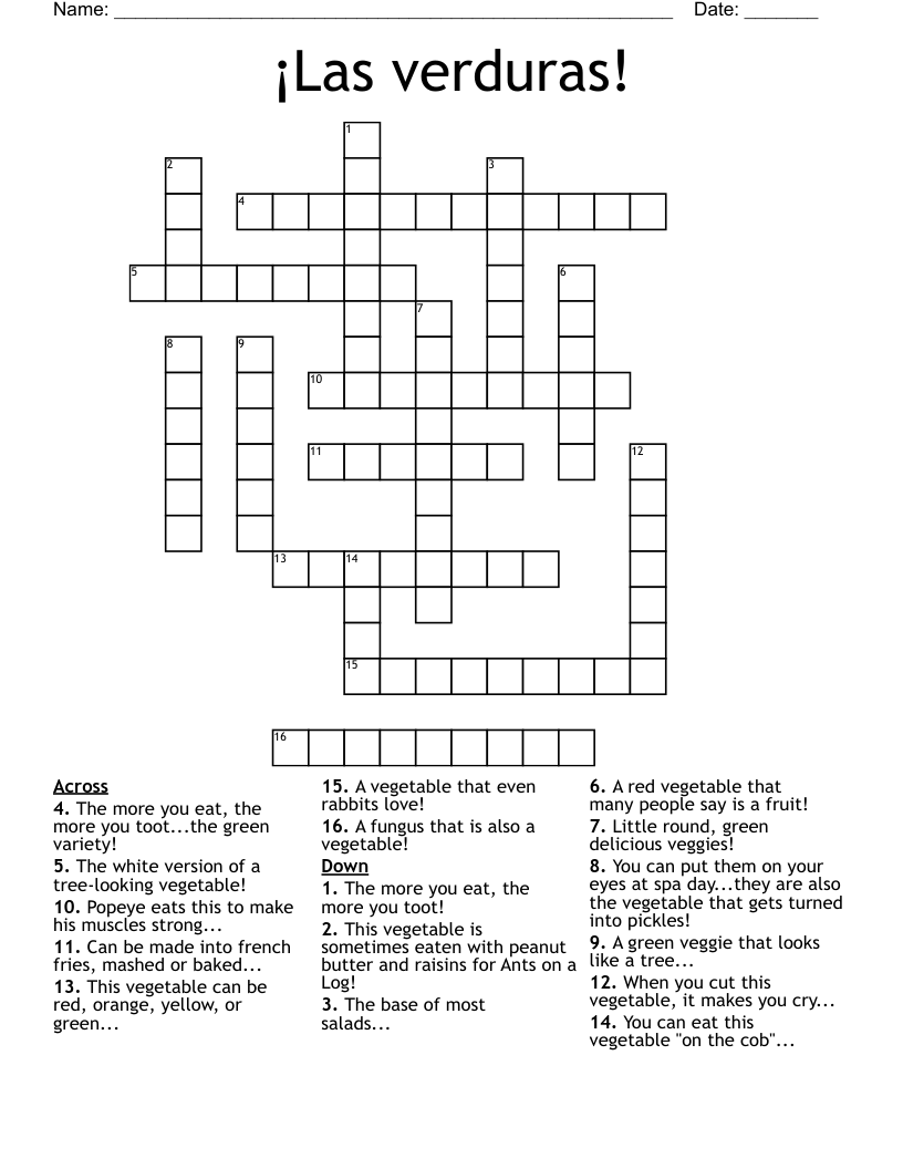¡Las verduras! Crossword