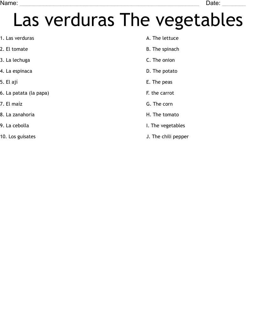 Las verduras The vegetables Worksheet