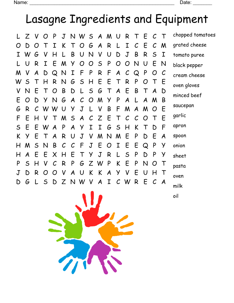Lasagne Ingredients and Equipment  Word Search
