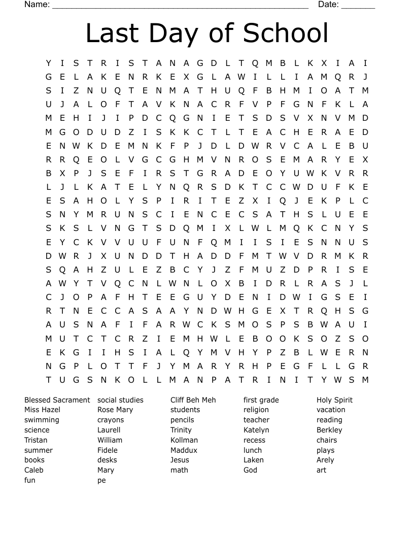 Last Day of School Word Search