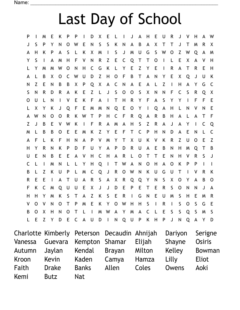 Last Day of School Word Search