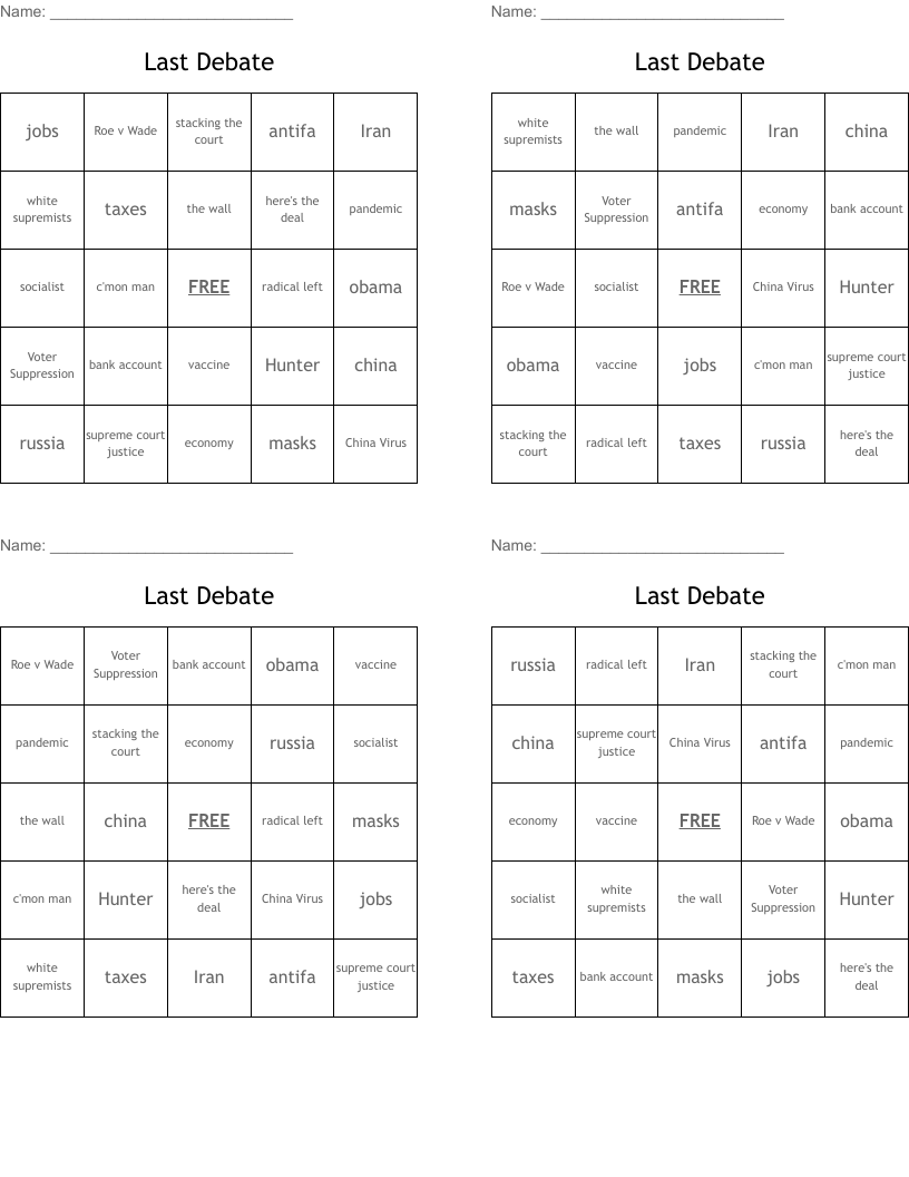 Last Debate Bingo Cards