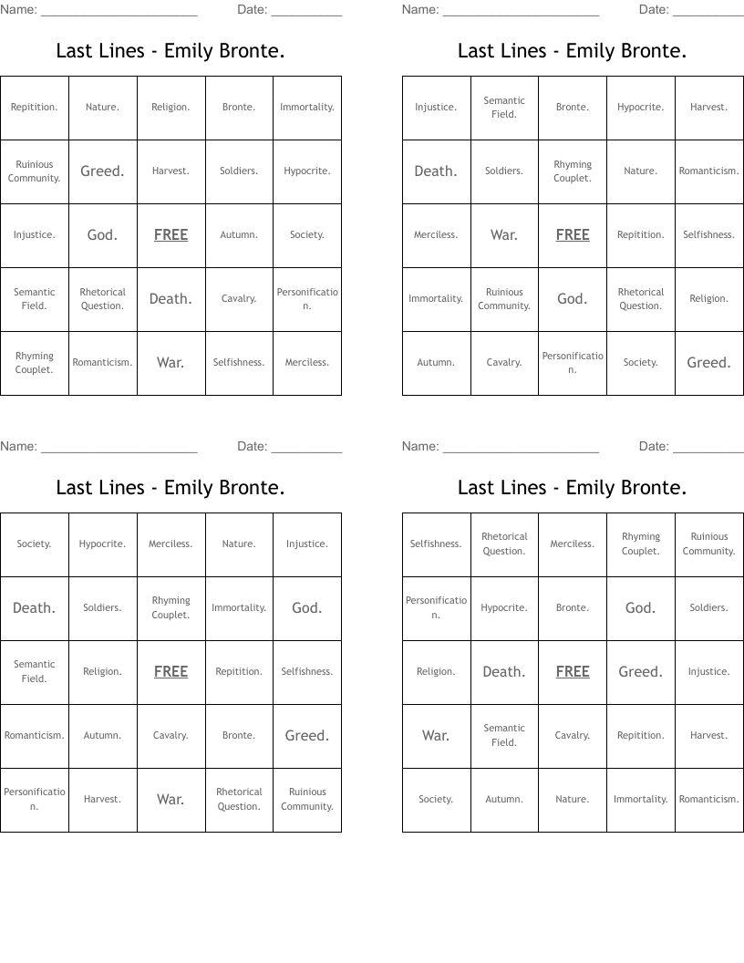 Last Lines -  Emily Bronte. Bingo Cards