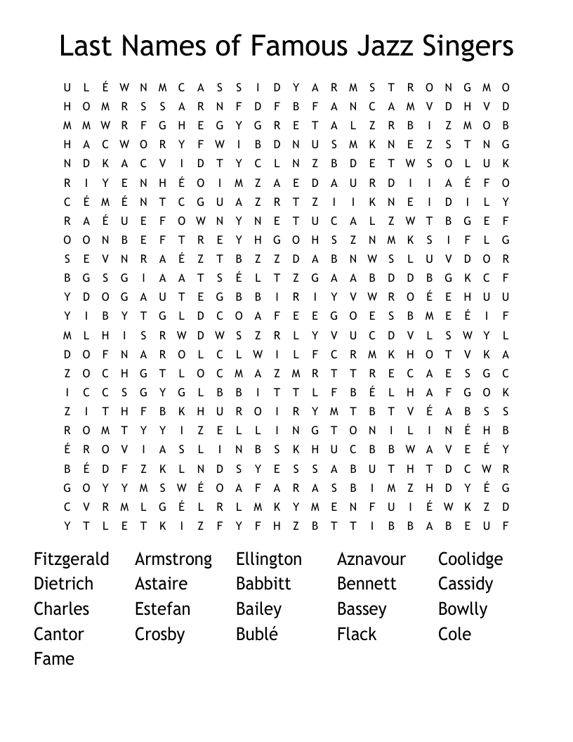 Last Names of Famous Jazz Singers Word Search