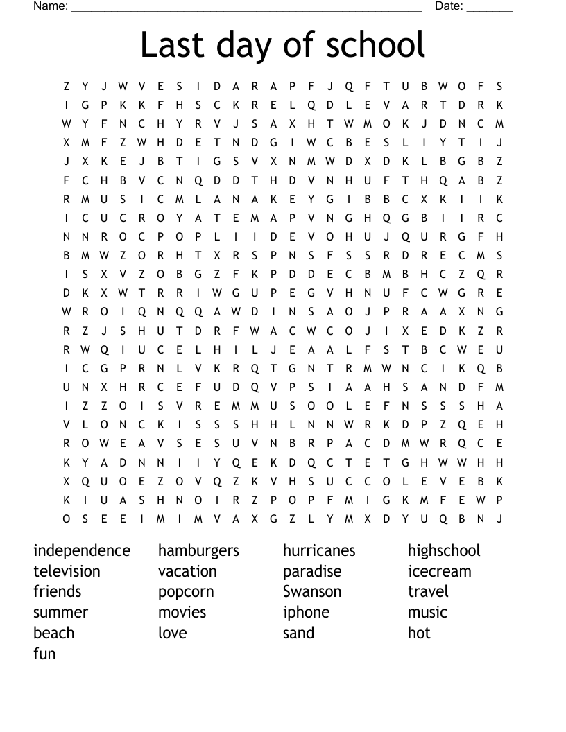 Last day of school Word Search