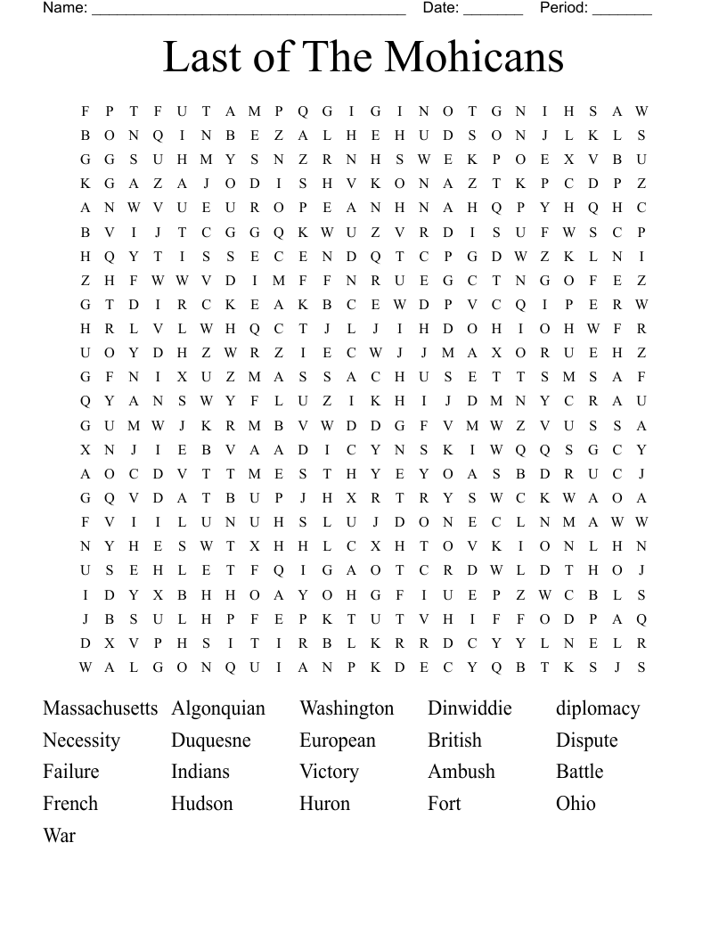 Last of The Mohicans Word Search