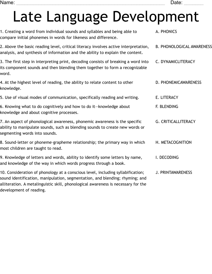 Late Language Development  Worksheet