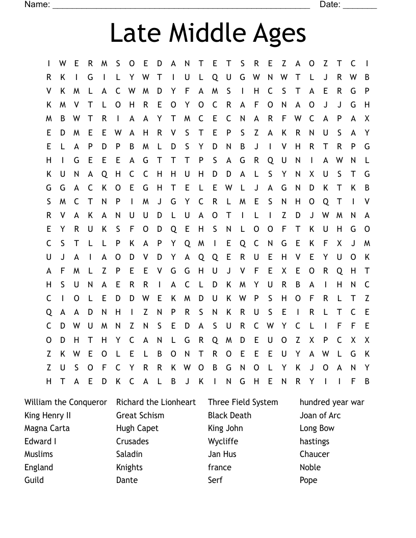 Late Middle Ages Word Search