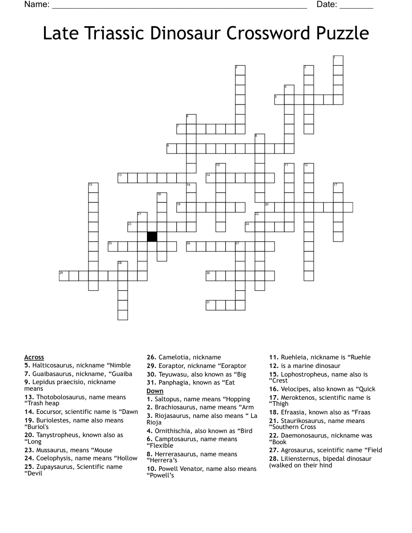Late Triassic Dinosaur Crossword Puzzle