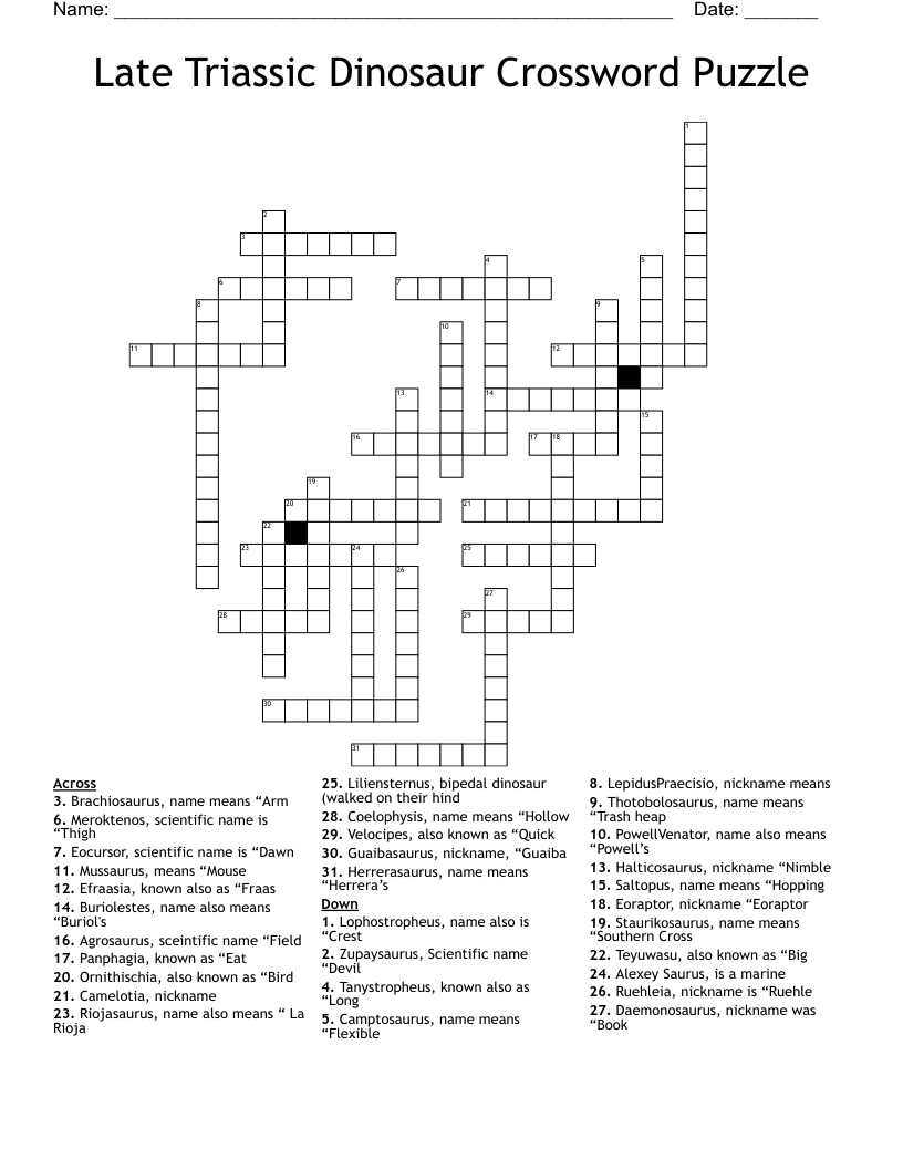 Late Triassic Dinosaur Crossword Puzzle