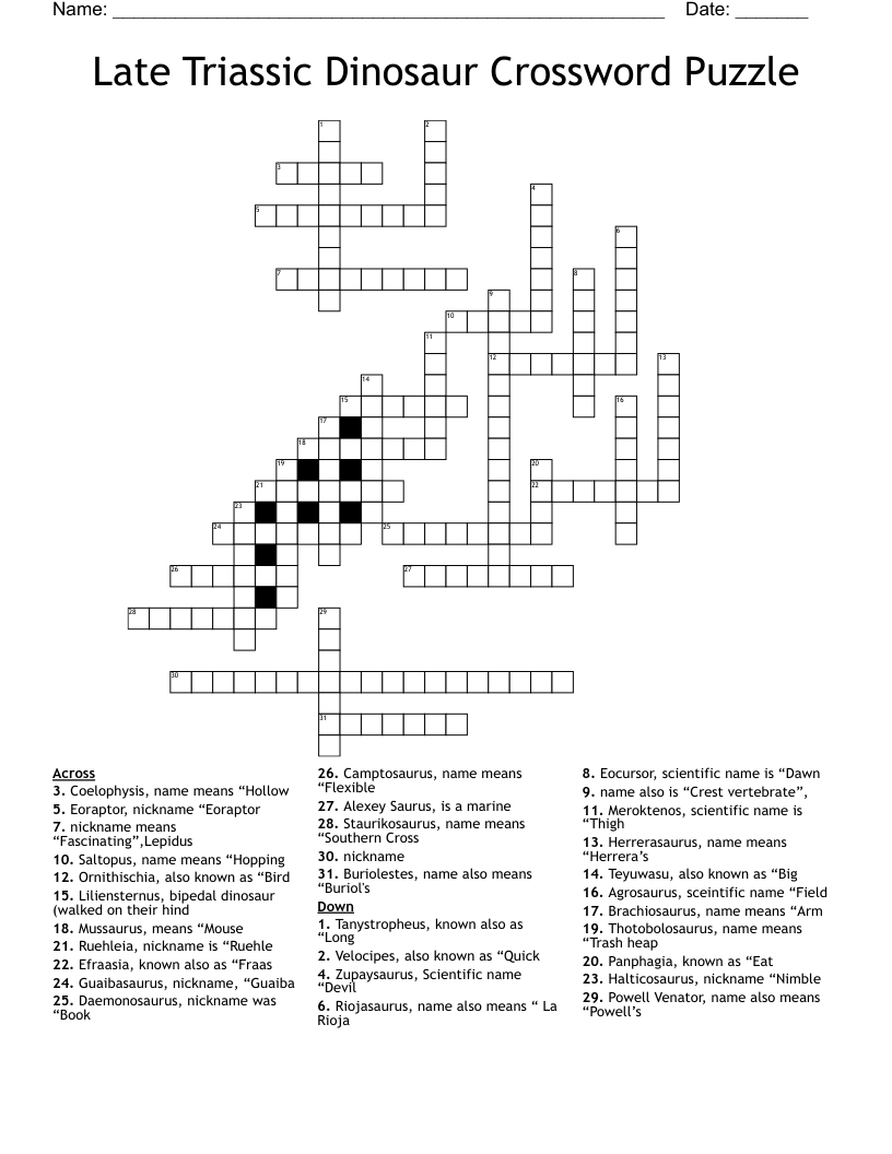 Late Triassic Dinosaur Crossword Puzzle