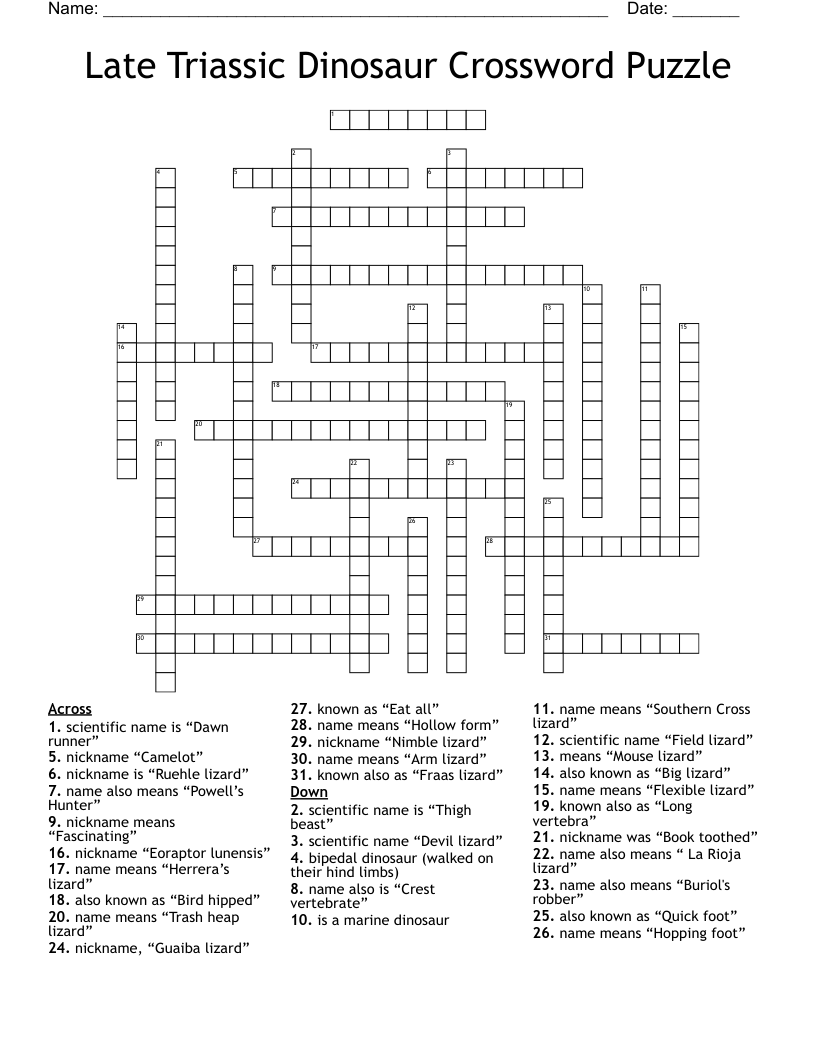 Late Triassic Dinosaur Crossword Puzzle