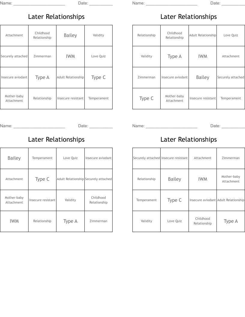Later Relationships Bingo Cards