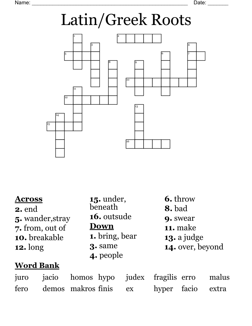 Latin/Greek Roots Crossword