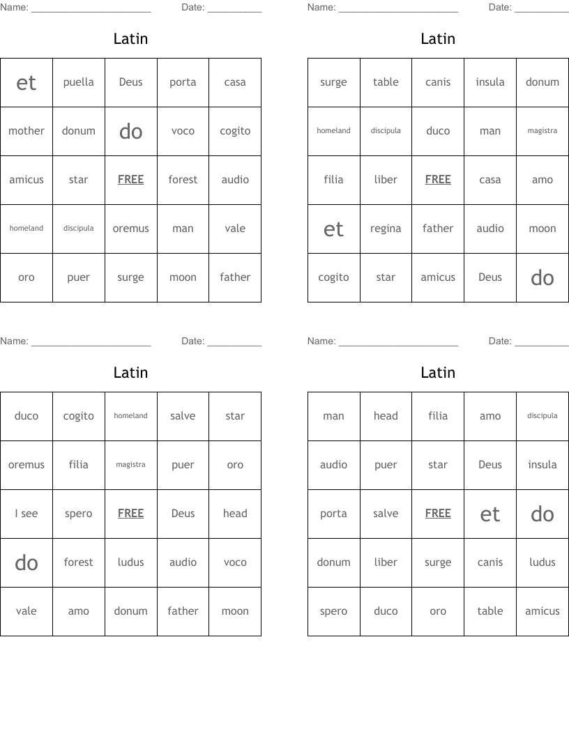 Latin Bingo Cards