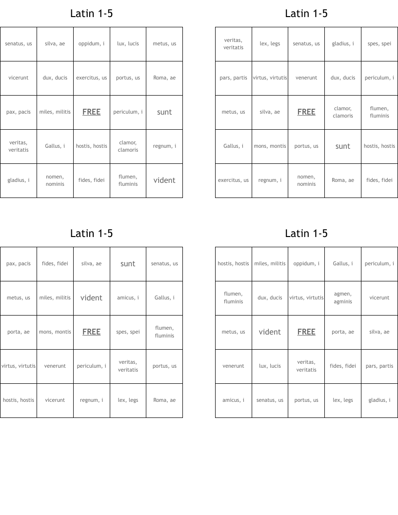 Latin 1-5 Bingo Cards