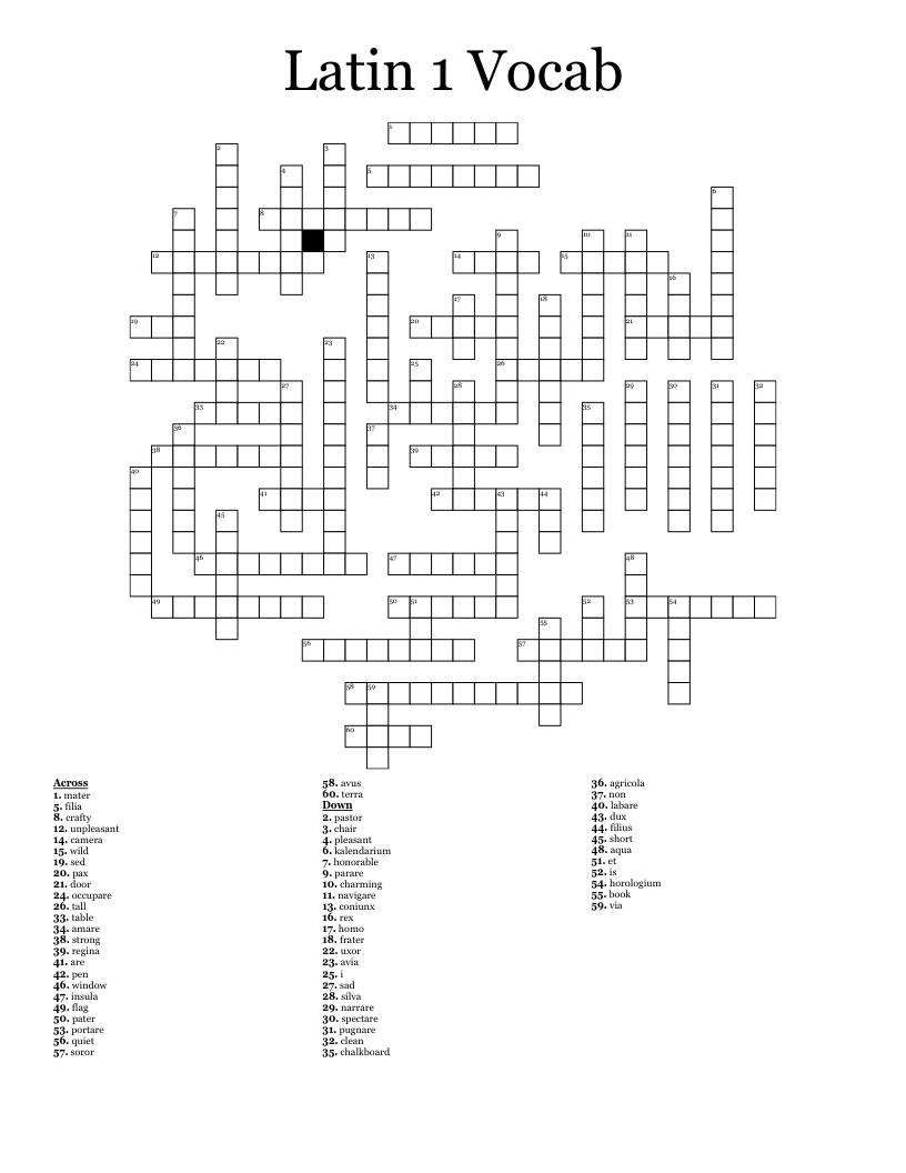 Latin 1 Vocab Crossword
