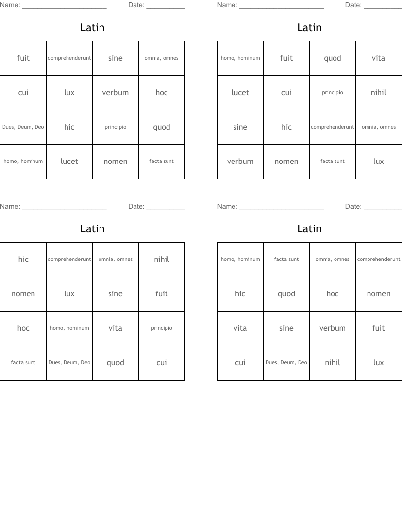 Latin Bingo Cards