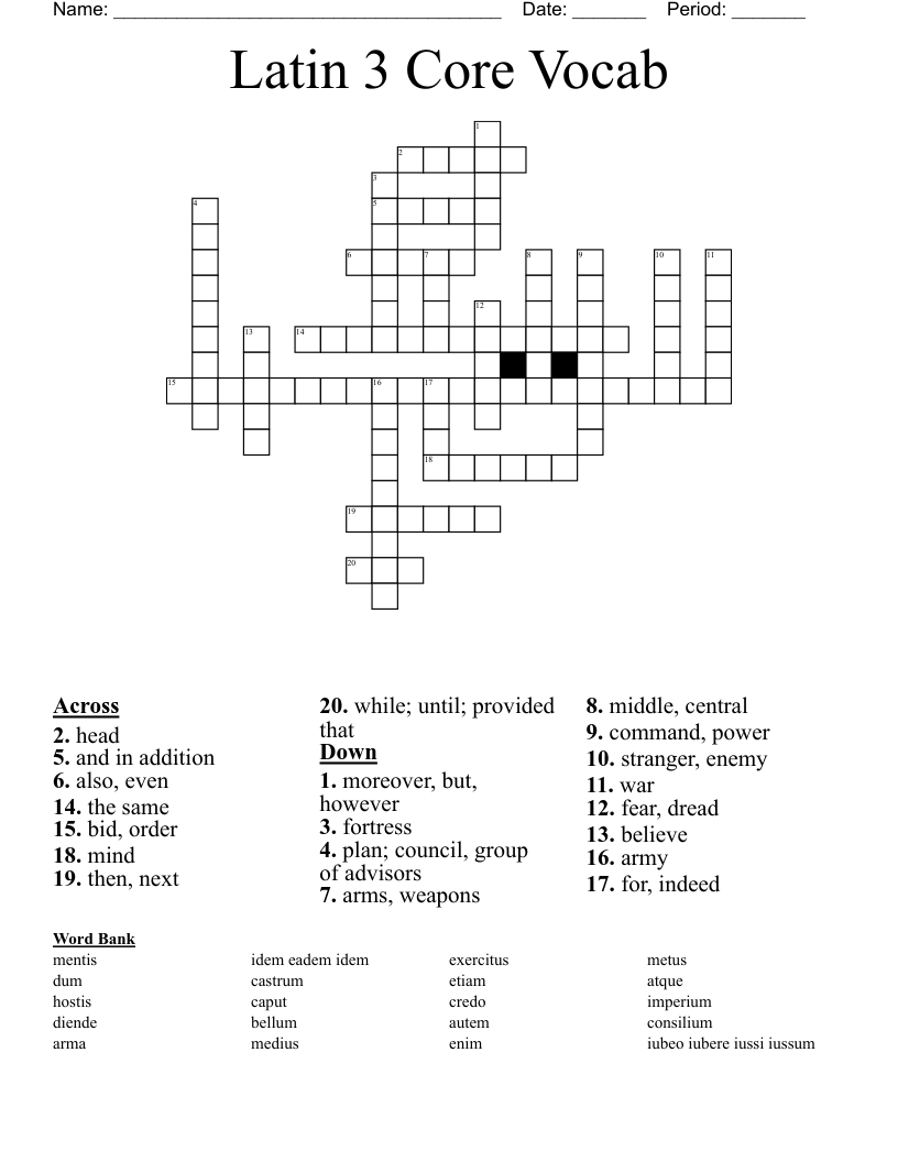 Latin 3 Core Vocab  Crossword