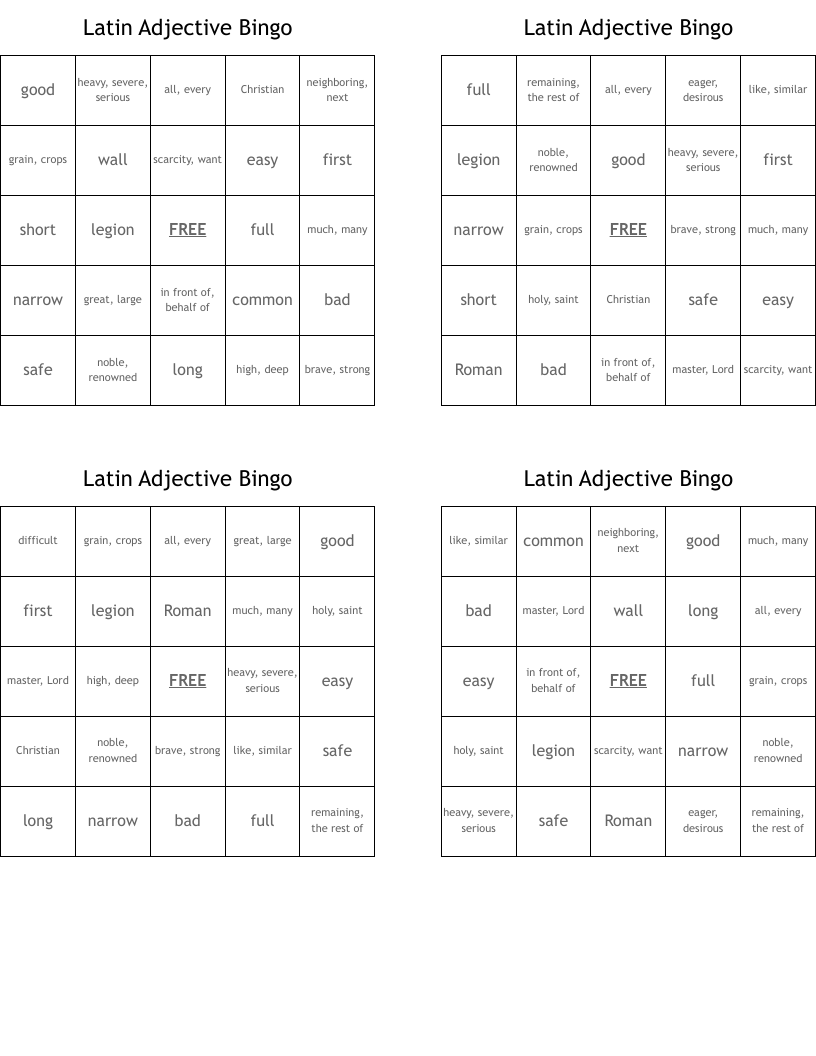 Latin Adjective Bingo