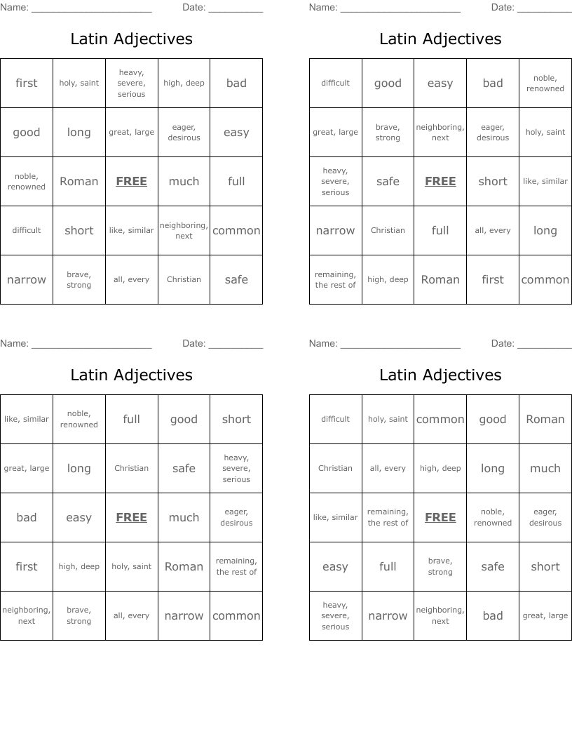 Latin Adjectives Bingo Cards